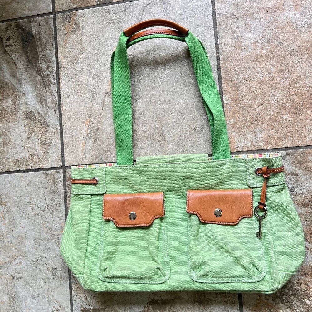 Fossil Mint Green Canvas Tote Bag Brown Leather Accents Key Striped Lining 75082 - Picture 6 of 15